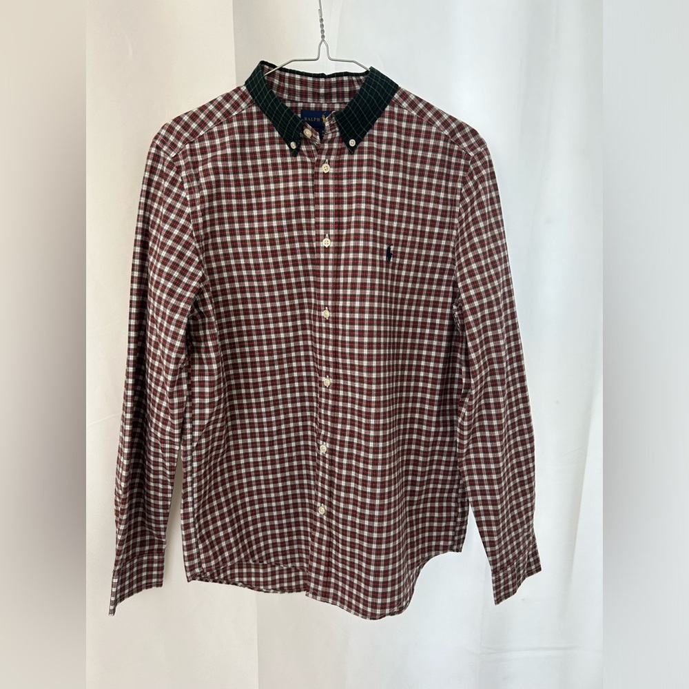 Ralph Lauren Button Down Shirt Red Green Plaid Boys size XL